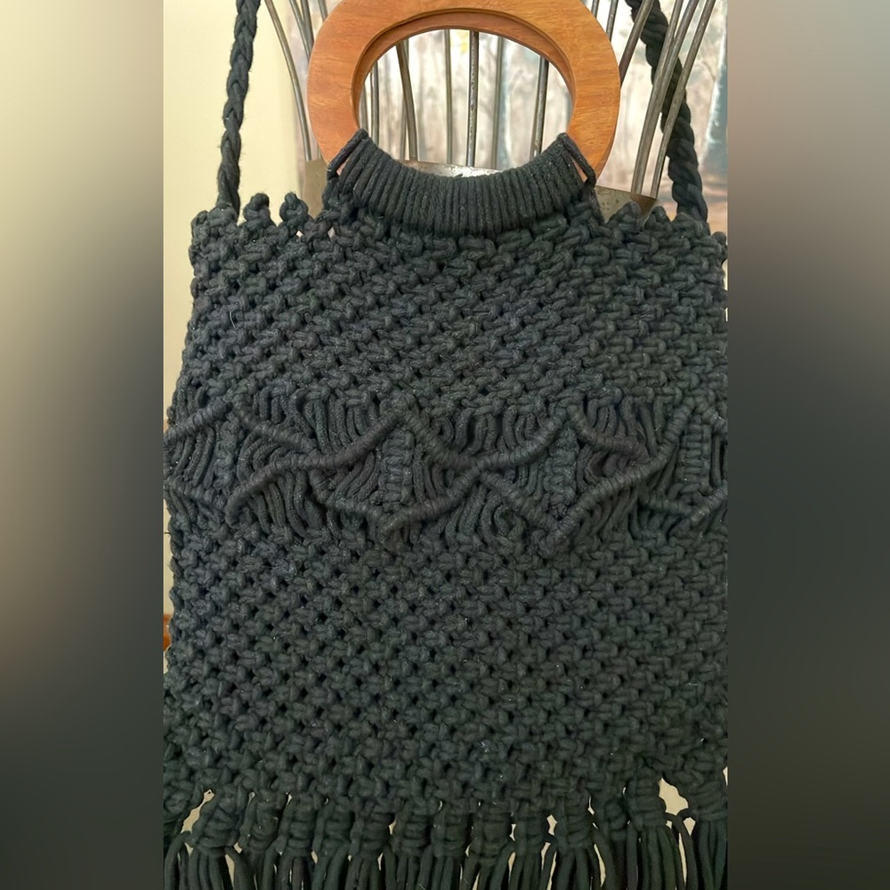 Danielle Nicole Black Macrame Fringe Crossbody Ba… - image 3